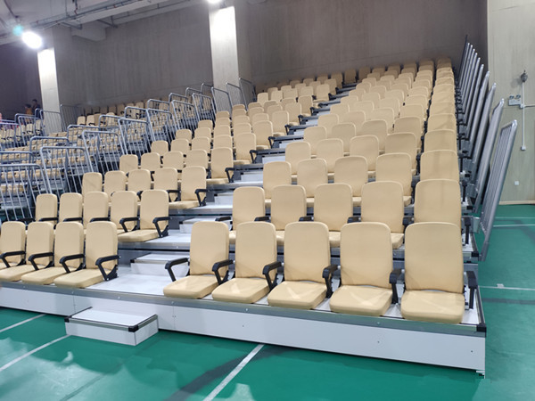 White Armchair Telescopic Bleacher Seating System Remote Control